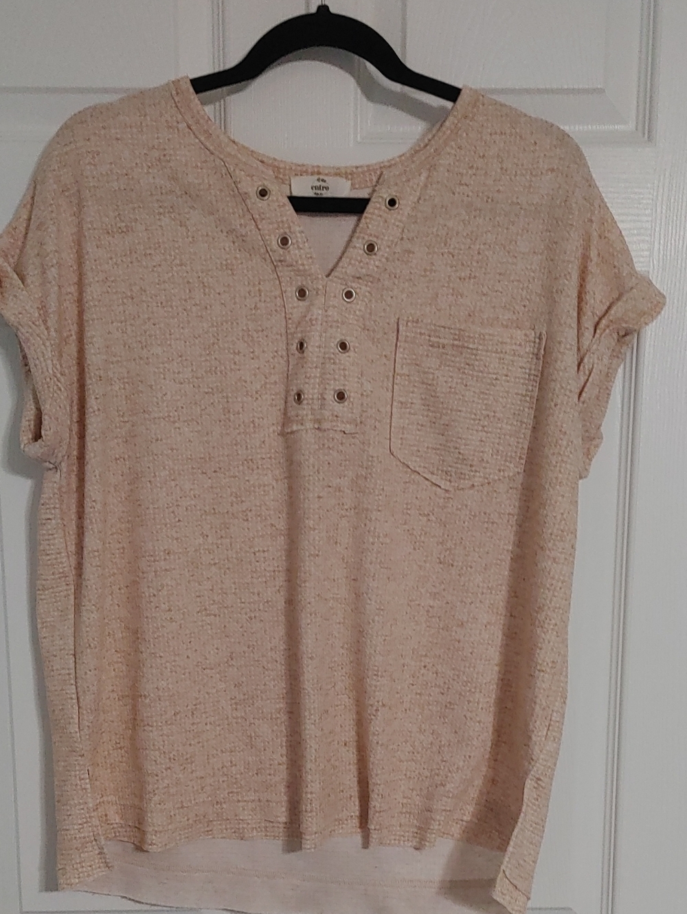 entro Light Peach Eyelet Henley Short Sleeve Top Oversized Small Linen Blend